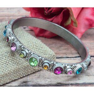 Vintage Heavyweight Silver Tone Jeweled Colorful Crystal Bangle Bracelet